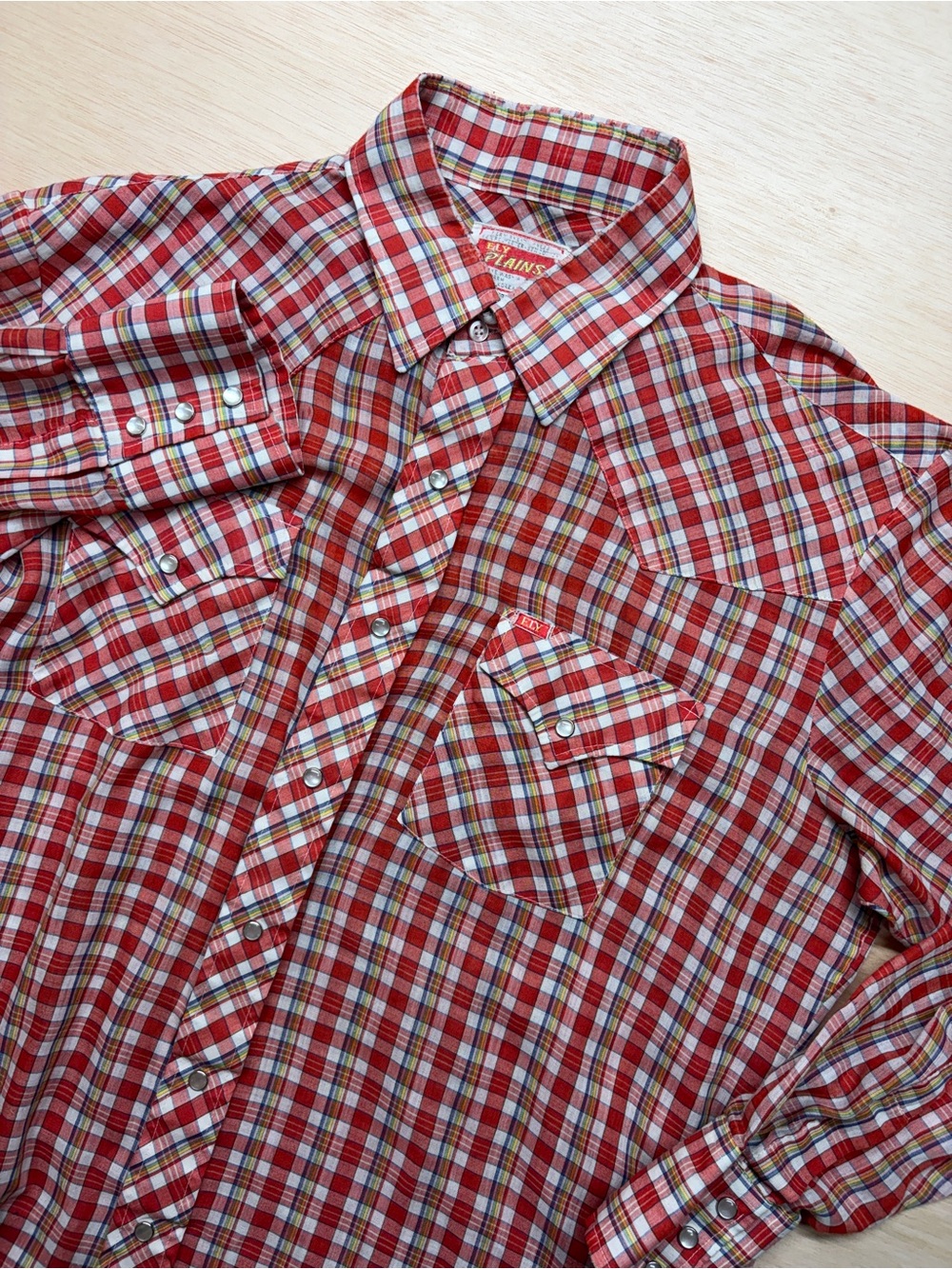 Vintage 70s Ely Plains Western Shirt Pearl Snap Plaid Red White Mens 16.5-34